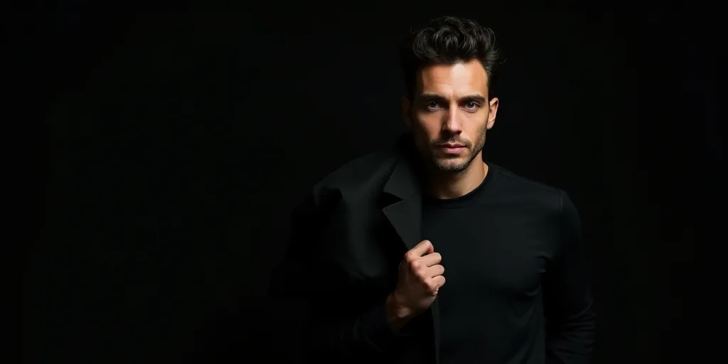 a man with a black shirt and a black jacket on holding a black jacket over his shoulder and a black