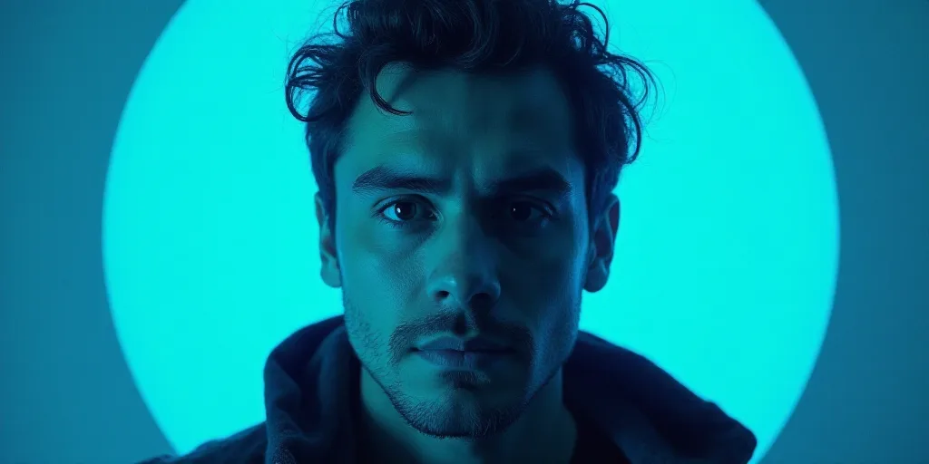 a man with a blue background and a black and white photo of him is featured in a blue circle, Carlos