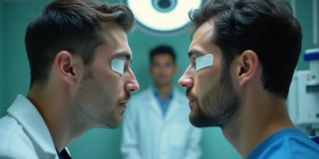 a man with a cast on his eye is looking at another man with a cast on his eye and a man in a white c
