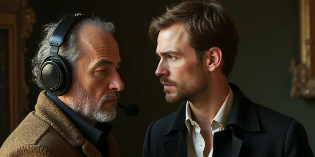 a man with a headset on his ear looking at something while another man looks on with a serious look
