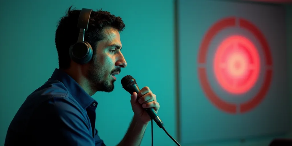 a man with a headset on speaking into a microphone in front of a wall with a target sign, Federico U
