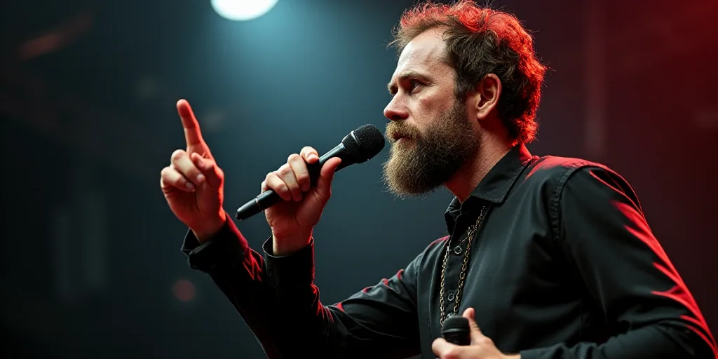 a man with a microphone in his hand and a microphone in his other hand, pointing at something with a