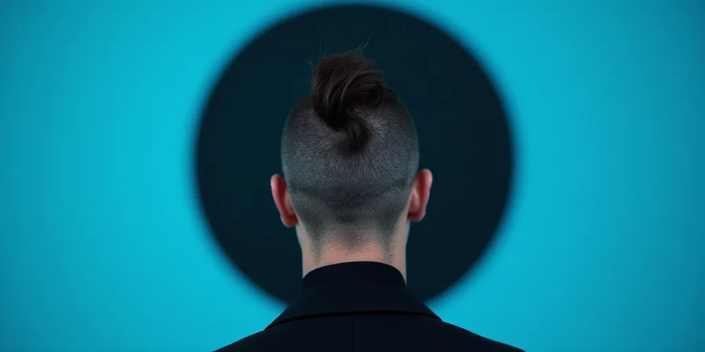 a man with a mohawk on his head and a blue background with a black circle with the words opinion, Ed