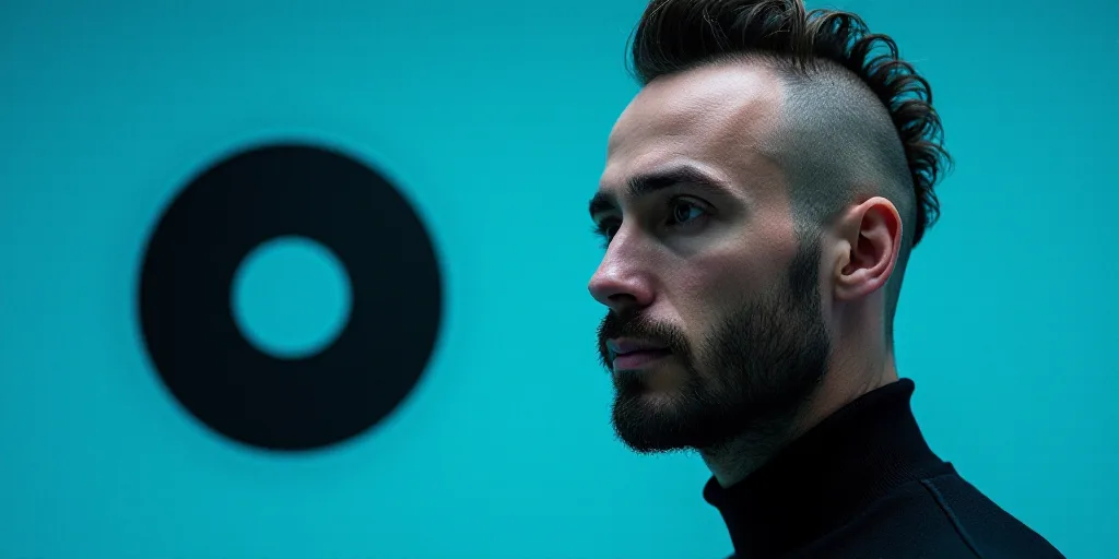 a man with a mohawk on his head and a blue background with a black circle with the words opinion, Ed
