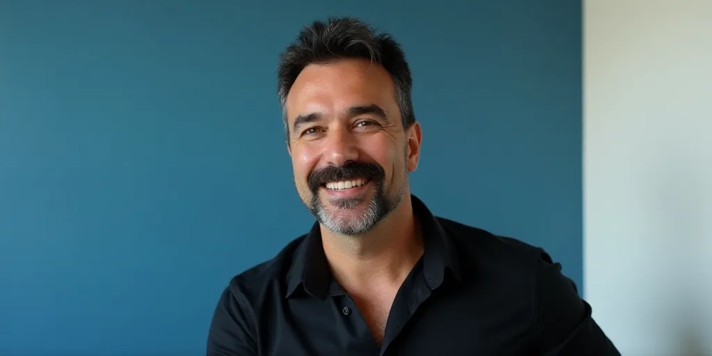 a man with a mustache and a black shirt is smiling at the camera with a blue background and a white