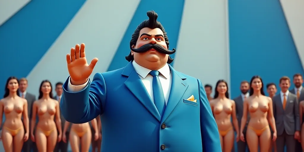 a man with a mustache and a mustache on his head waves to the crowd while standing in front of a blu