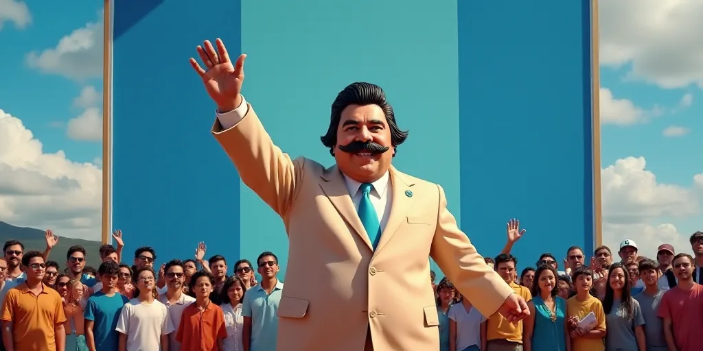 a man with a mustache and a mustache on his head waves to the crowd while standing in front of a blu