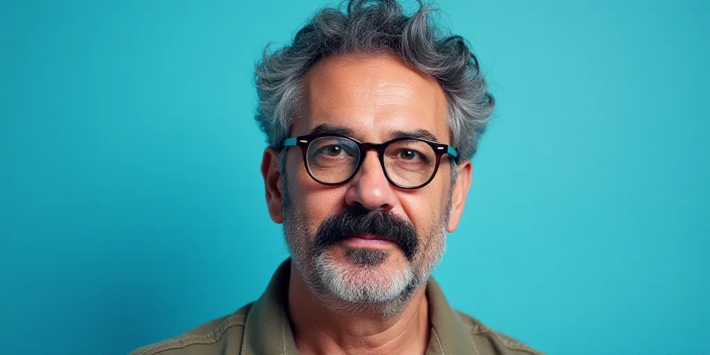 a man with a mustache and glasses on a blue background with the caption of a photo of a man with a m