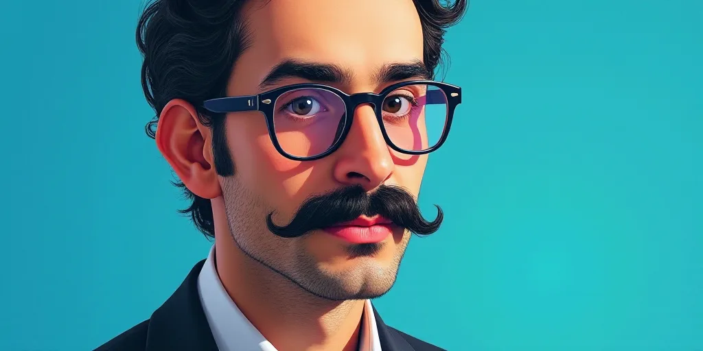a man with a mustache and glasses on a blue background with the caption of a photo of a man with a m