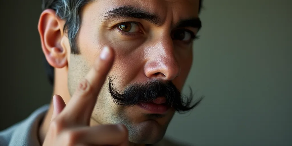 a man with a mustache pointing to the side of his face and pointing to the side of his face, Clovis
