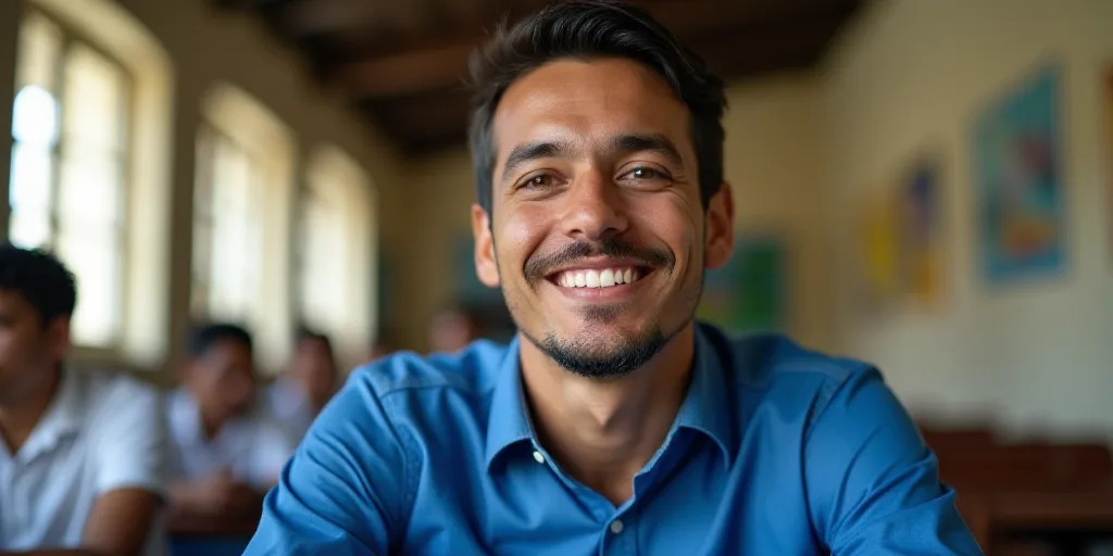 a man with a smile on his face and a blue shirt on his shirt is smiling at the camera, Carlos Franci