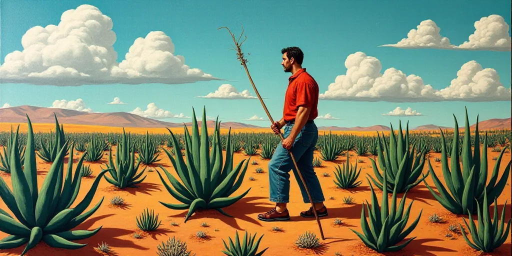 a man with a stick in a field of agaves with a sky background and clouds in the sky, Diego Rivera, b
