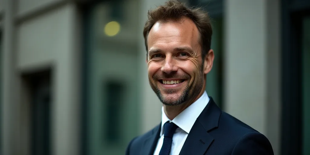 a man with a suit and tie smiling at the camera with a blurry background of a building and a green l