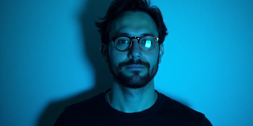 a man with glasses and a black shirt on a blue background with a black and white photo of him, Carlo