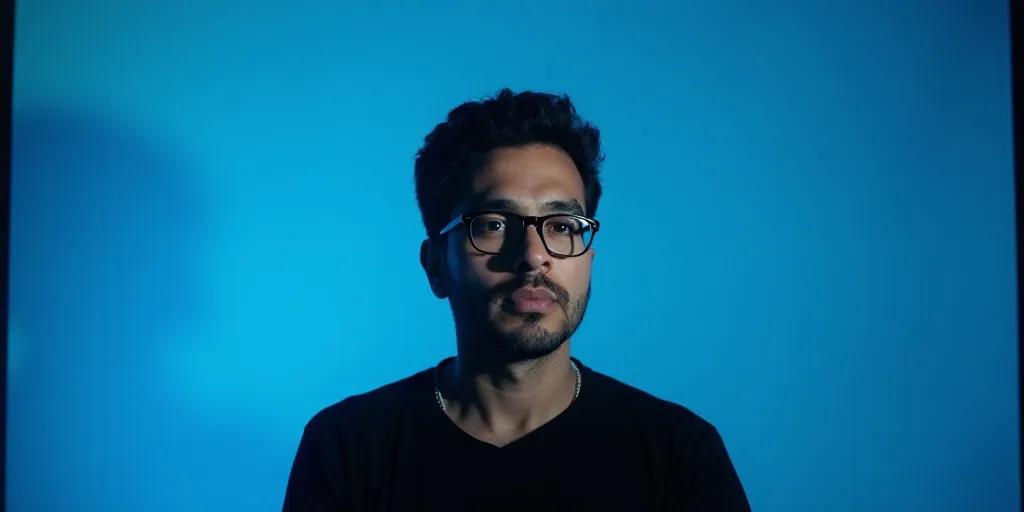 a man with glasses and a black shirt on a blue background with a black and white photo of him, Carlo