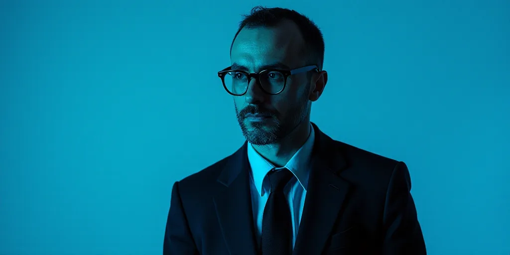 a man with glasses and a black suit on a blue background with a black and white photo of him, Carlos