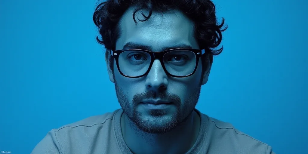a man with glasses and a blue background with a black and white photo of him and the words, enrique