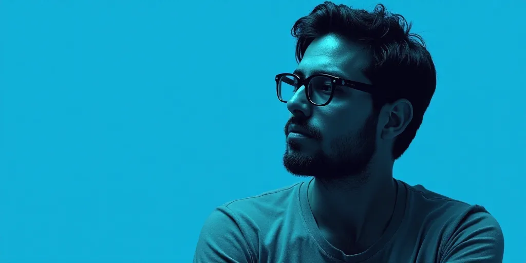 a man with glasses and a blue background with a black and white photo of him and the words, enrique