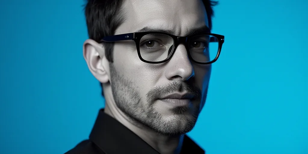 a man with glasses and a blue background with a black and white photo of him and the words, enrique