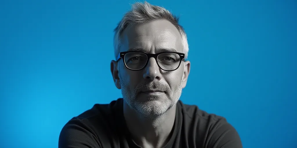 a man with glasses and a blue background with a black and white photo of him and the words, enrique