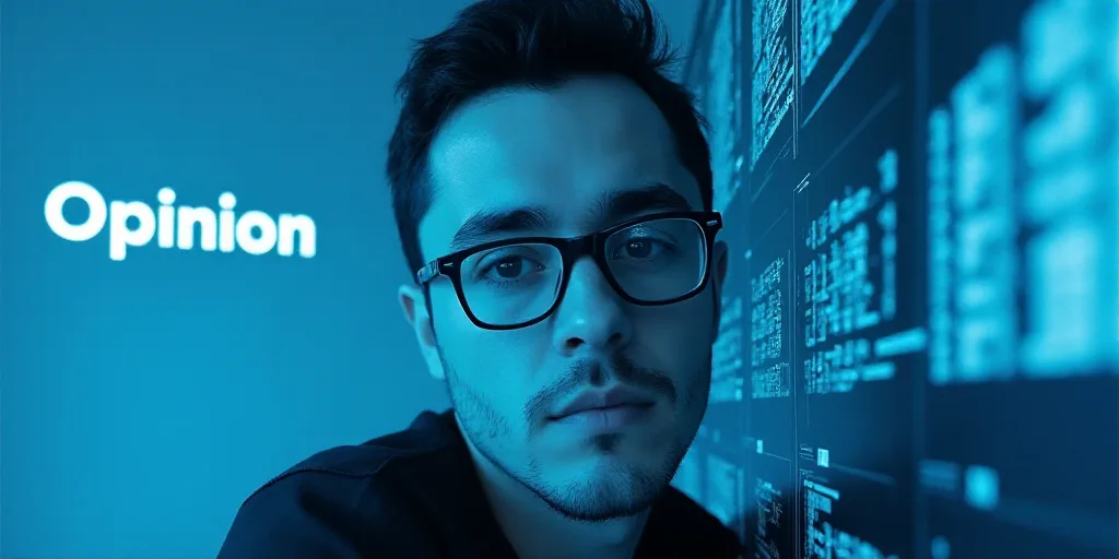 a man with glasses and a blue background with the words opinion on it, and a black and white photo o