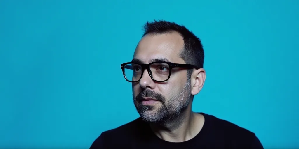 a man with glasses and a blue background with a black and white photo of him and the words, enrique