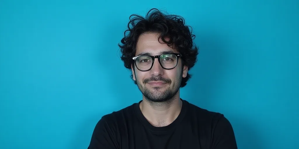 a man with glasses and a blue background with a black and white photo of him and the words, enrique