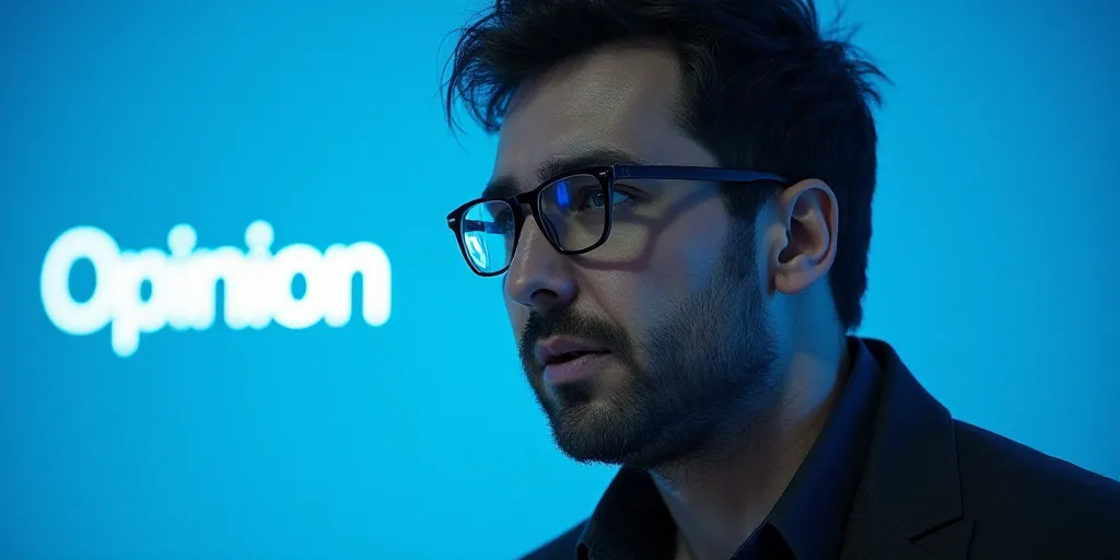a man with glasses and a blue background with the words opinion on it, and a black and white photo o