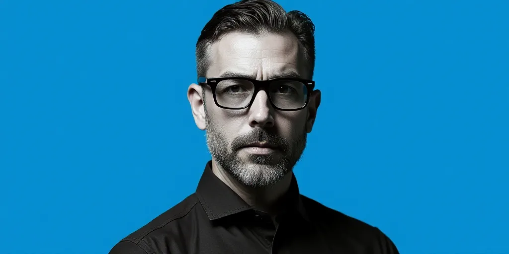 a man with glasses and a blue background with a black and white photo of him and the words, enrique