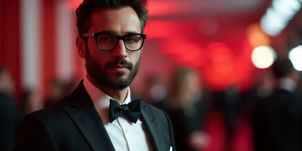 a man with glasses and a suit on at a red carpet event with a black tie and a black bow tie, Chafik