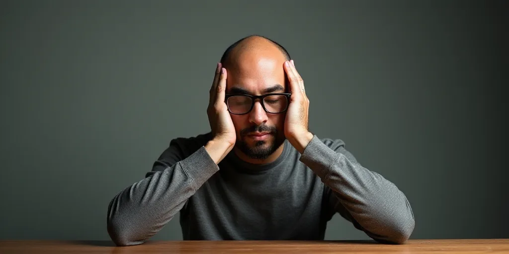 a man with glasses covering his face with his hands and covering his ears with his hands while sitti