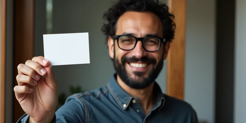 a man with glasses holding a card in his hand and smiling at the camera with a smile on his face, Ah