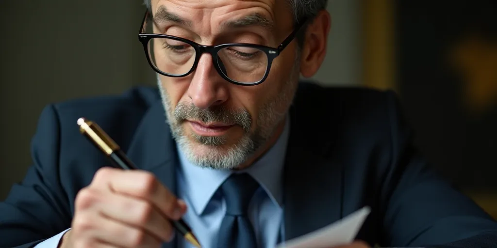 a man with glasses is holding a pen and looking at something in his hand while wearing a suit and ti