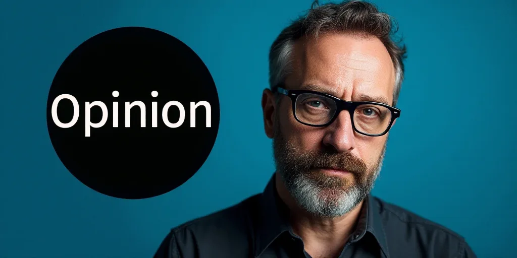 a man with glasses is looking at the camera and has a blue background with a black circle with the w