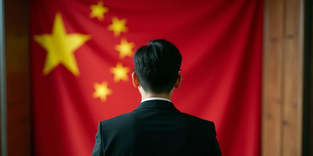 a man with glasses looking at a flag behind him in a room with a wooden door and a flag behind him,