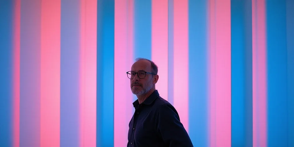 a man with glasses standing in front of a large blue and pink striped wall with a large pink and blu