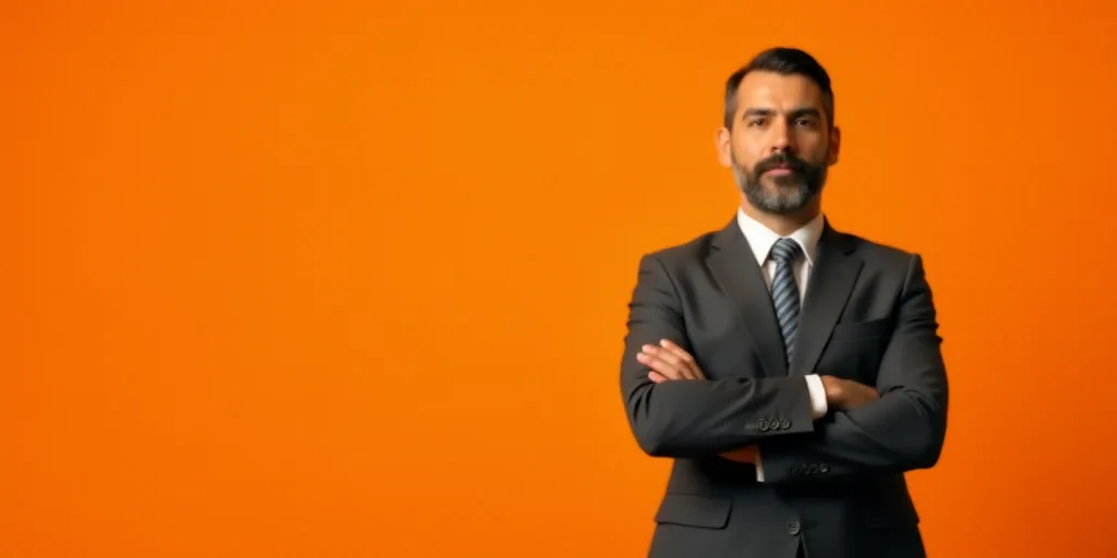 a man with his arms crossed standing in front of an orange background with a caption for a business