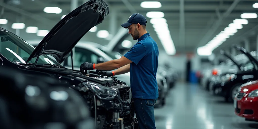 a man working on a car in a factory with other cars in the background and a man in a blue shirt and