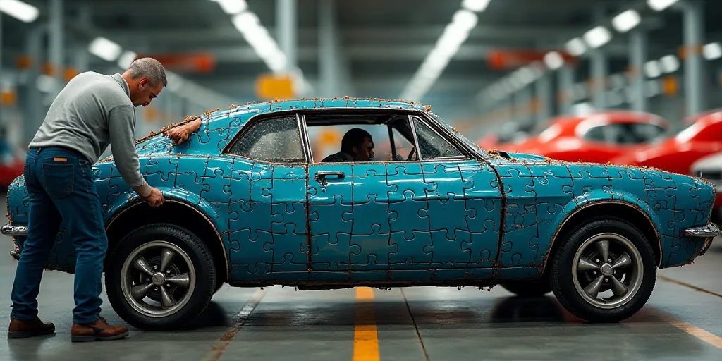 a man working on a car in a factory with other cars in the background and a man in a hard hat workin