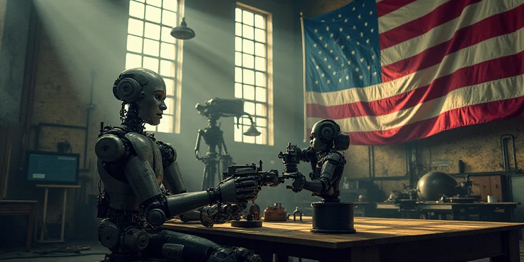 a man working on a machine in a factory with american flag in the background and a flag hanging from