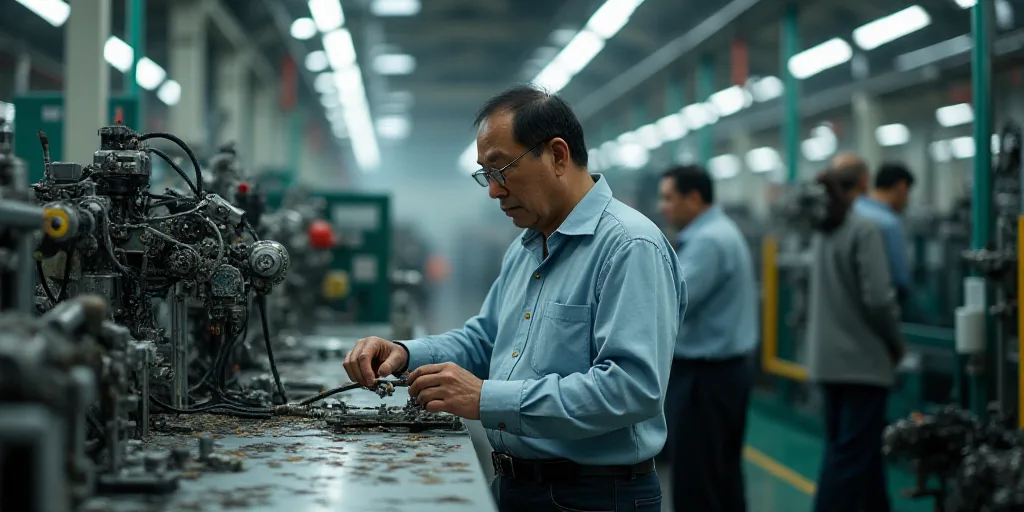 a man working on a machine in a factory with lots of machines in the background and a man in the for