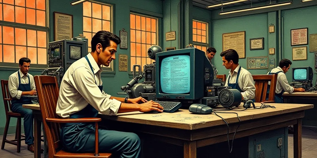 a man working on a machine in a factory with other workers nearby and a monitor on the wall behind h