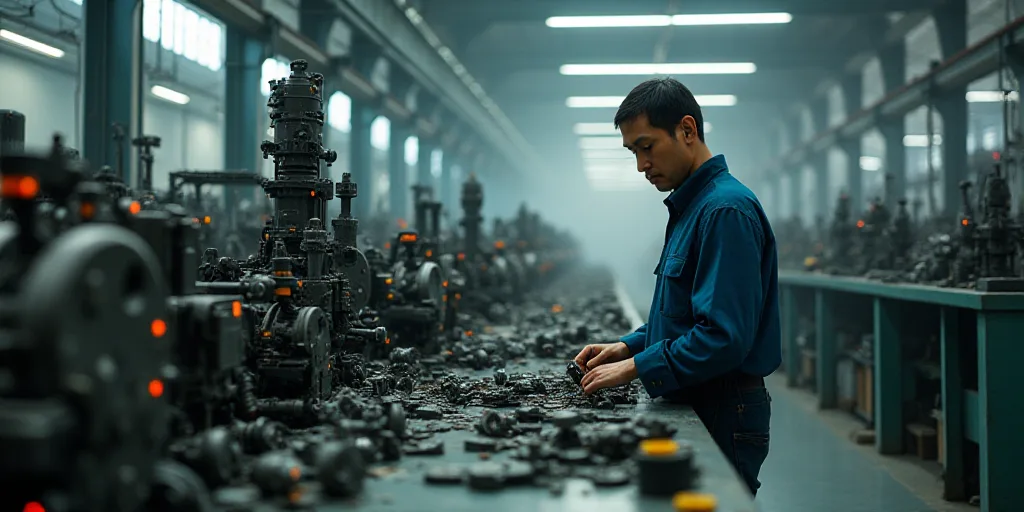a man working on a machine in a factory with lots of machines in the background and a man in the for