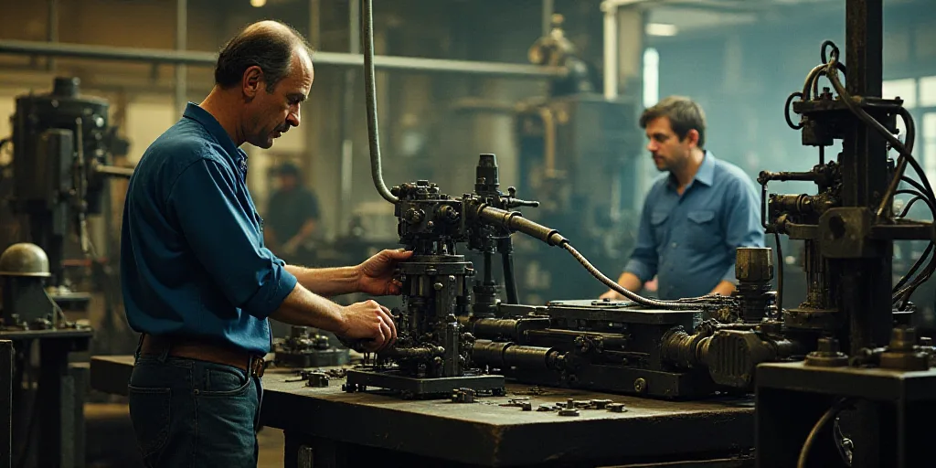 a man working on a machine in a factory with other machines and equipment in the background and a ma
