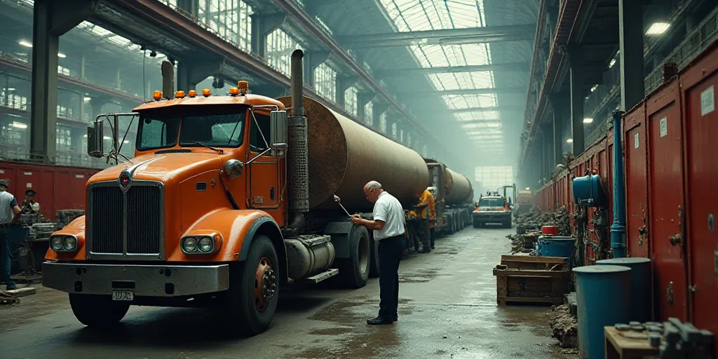 a man working on a truck in a factory with other workers nearby and a man in a white shirt, Dahlov I