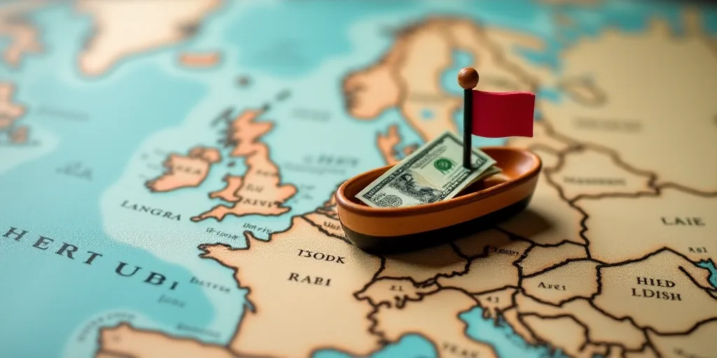 a map with a flag and a miniature boat on top of it with a lot of money sticking out of it, Aquirax