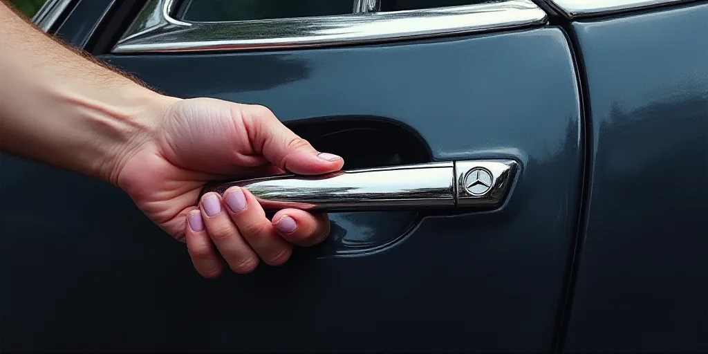 a mercedes emblem is shown on a car door handle and a hand is holding the door handle to the car, An
