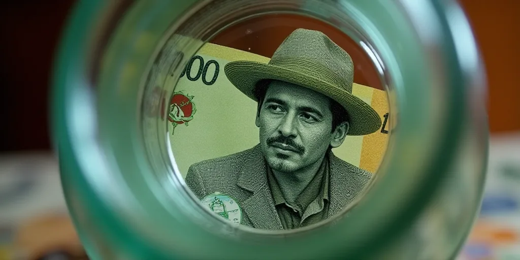 a mexican currency is seen in this picture taken from the bottom of a glass container with a picture
