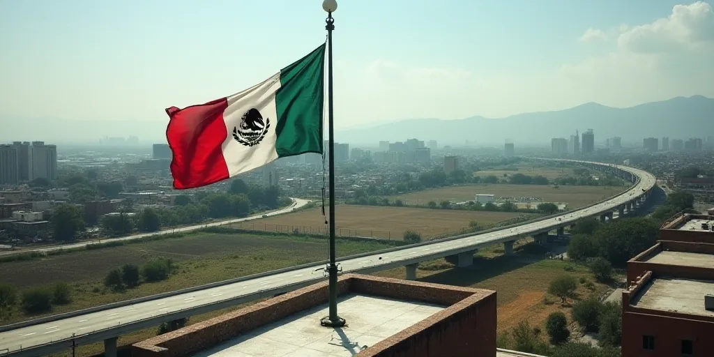 a mexican flag flying on a roof of a building in a city with a freeway and a fenced in area, Aquirax