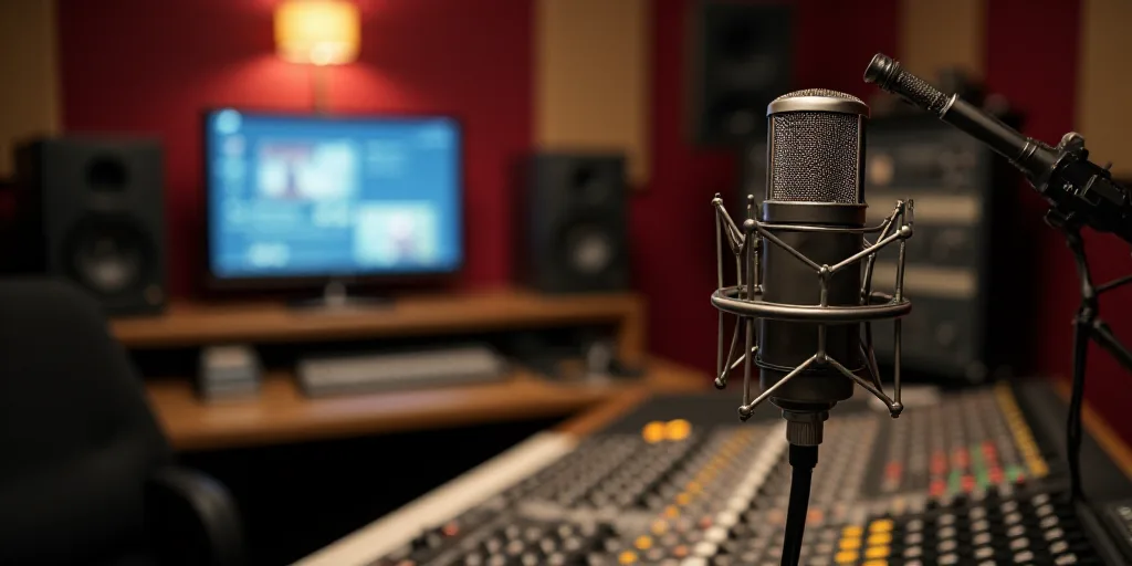 a microphone and sound board in a recording studio with sound equipment in the background and a tele